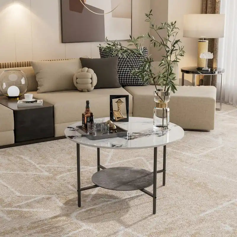 Table basse ronde de 80 cm, Tables basses pour salon, Table basse effet marbre brillant avec étagère de rangement ouverte