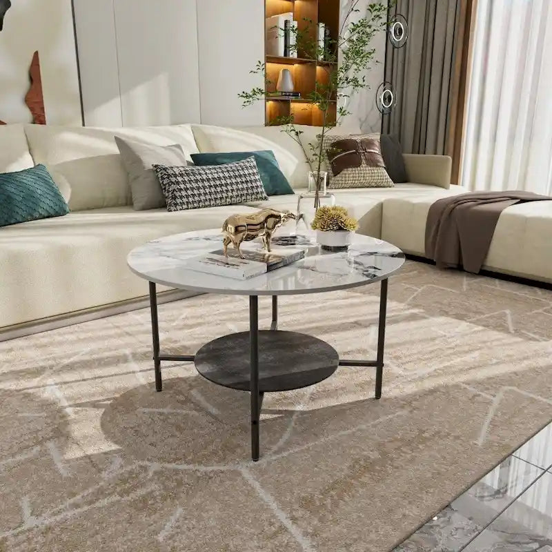 Table basse ronde de 80 cm, Tables basses pour salon, Table basse effet marbre brillant avec étagère de rangement ouverte