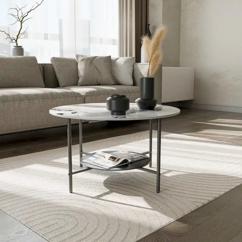 Table basse ronde de 80 cm, Tables basses pour salon, Table basse effet marbre brillant avec étagère de rangement ouverte
