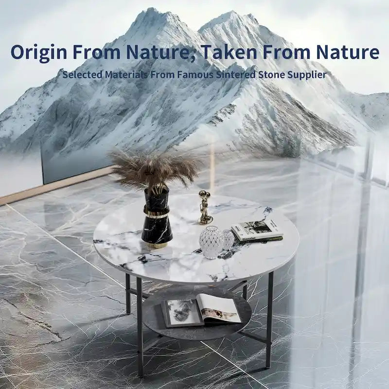 Table basse ronde de 80 cm, Tables basses pour salon, Table basse effet marbre brillant avec étagère de rangement ouverte