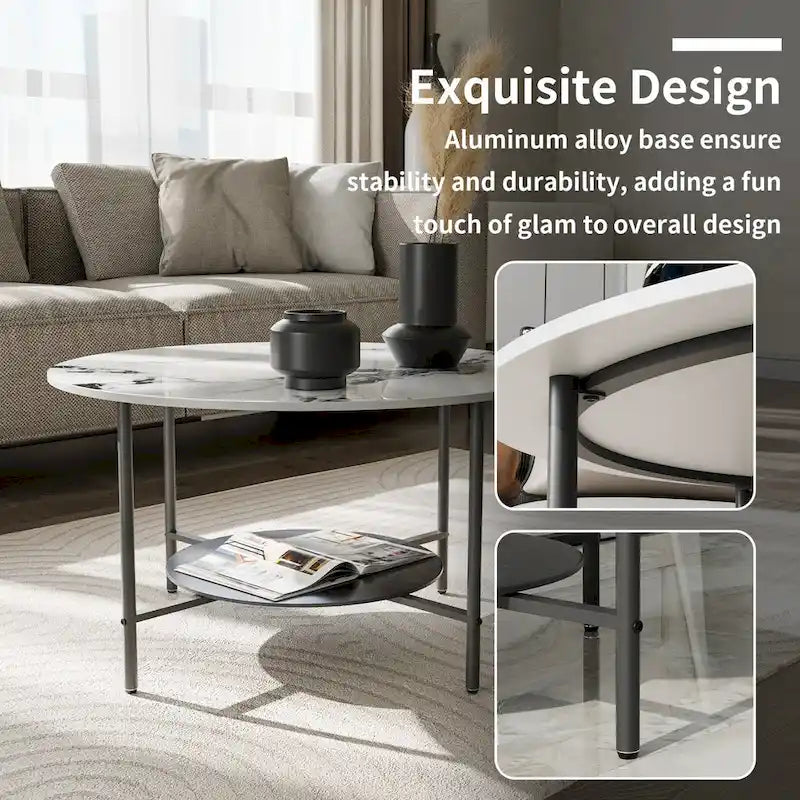 Table basse ronde de 80 cm, Tables basses pour salon, Table basse effet marbre brillant avec étagère de rangement ouverte