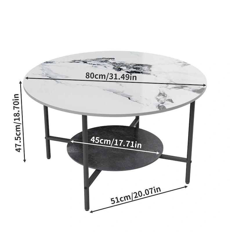 Table basse ronde de 80 cm, Tables basses pour salon, Table basse effet marbre brillant avec étagère de rangement ouverte