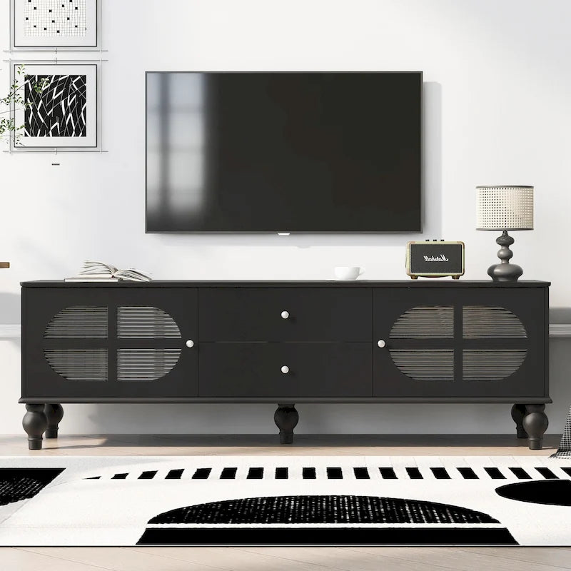 Meuble TV moderne de 68,9 pouces pour téléviseurs jusqu'à 75 pouces, meuble de divertissement avec portes en verre cannelé pour salon
