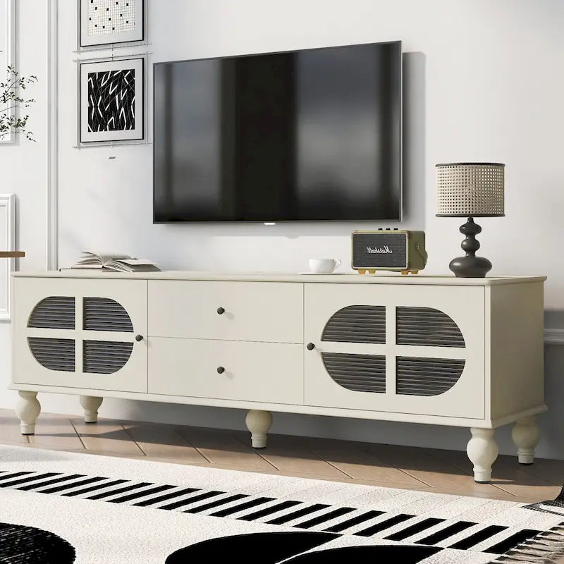 Meuble TV moderne de 68,9 pouces pour téléviseurs jusqu'à 75 pouces, meuble de divertissement avec portes en verre cannelé pour salon