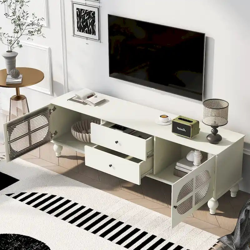 Meuble TV moderne de 68,9 pouces pour téléviseurs jusqu'à 75 pouces, meuble de divertissement avec portes en verre cannelé pour salon