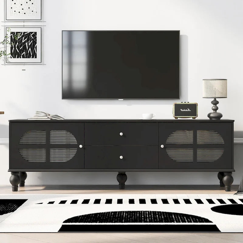 Meuble TV moderne de 68,9 pouces pour téléviseurs jusqu'à 75 pouces, meuble de divertissement avec portes en verre cannelé pour salon