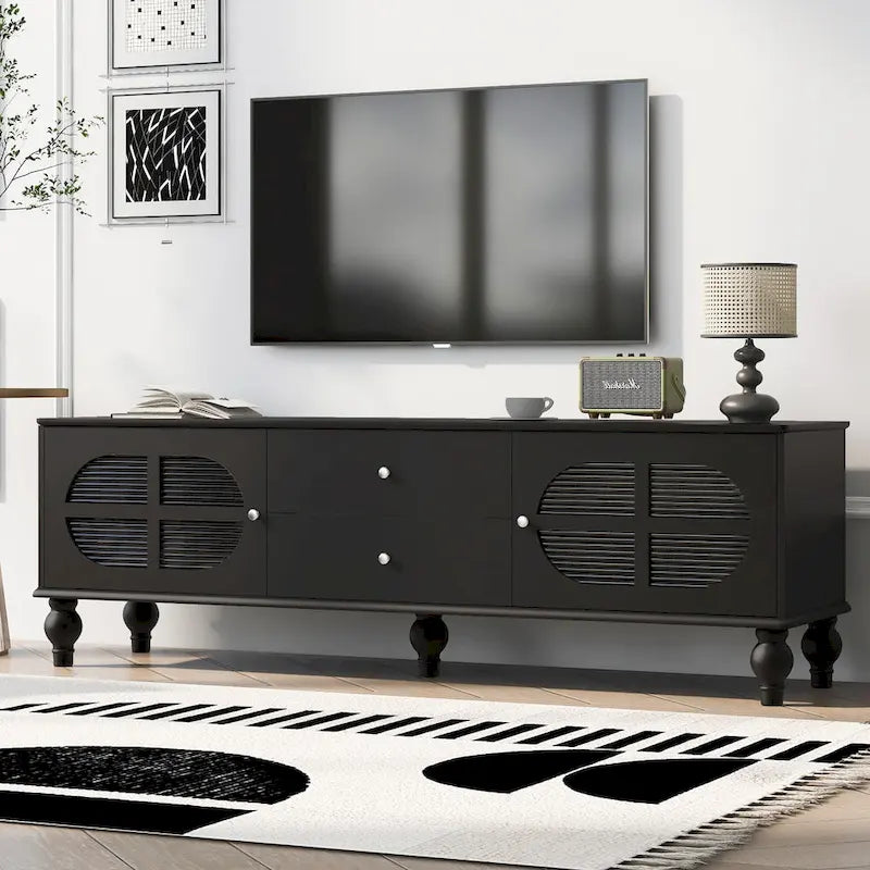 Meuble TV moderne de 68,9 pouces pour téléviseurs jusqu'à 75 pouces, meuble de divertissement avec portes en verre cannelé pour salon