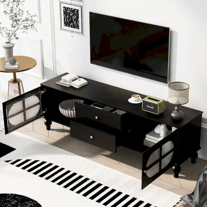 Meuble TV moderne de 68,9 pouces pour téléviseurs jusqu'à 75 pouces, meuble de divertissement avec portes en verre cannelé pour salon