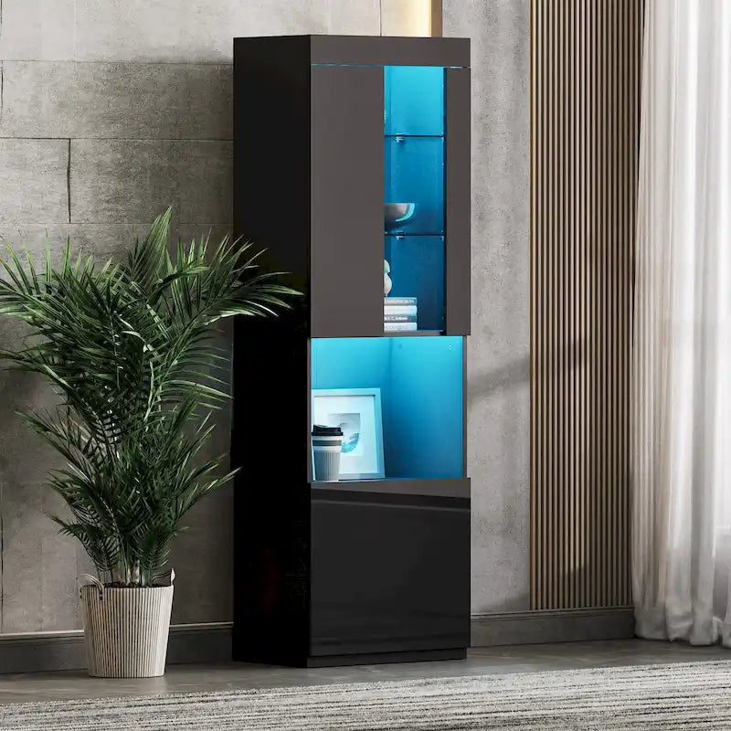 Armoire de rangement laquée avec lumières LED, armoire haute de 170 cm avec porte en acrylique, plan de travail ouvert et étagères en verre trempé