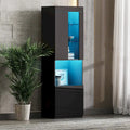 Armoire de rangement laquée avec lumières LED, armoire haute de 170 cm avec porte en acrylique, plan de travail ouvert et étagères en verre trempé