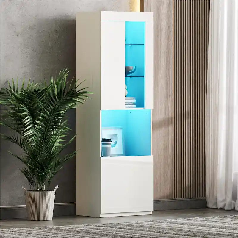 Armoire de rangement laquée avec lumières LED, armoire haute de 170 cm avec porte en acrylique, plan de travail ouvert et étagères en verre trempé