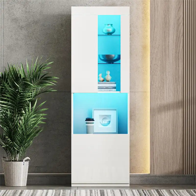 Armoire de rangement laquée avec lumières LED, armoire haute de 170 cm avec porte en acrylique, plan de travail ouvert et étagères en verre trempé