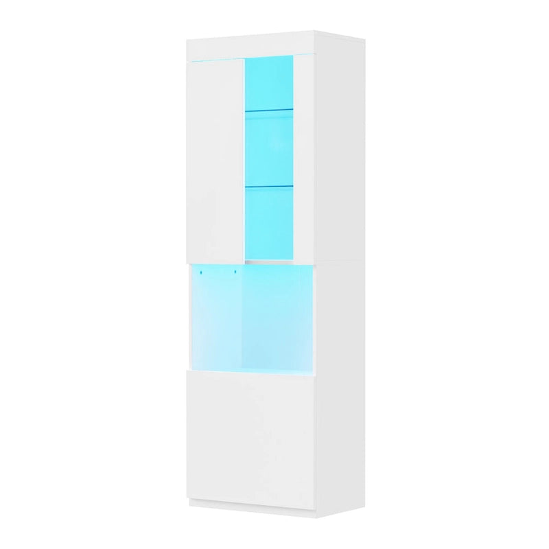 Armoire de rangement laquée avec lumières LED, armoire haute de 170 cm avec porte en acrylique, plan de travail ouvert et étagères en verre trempé