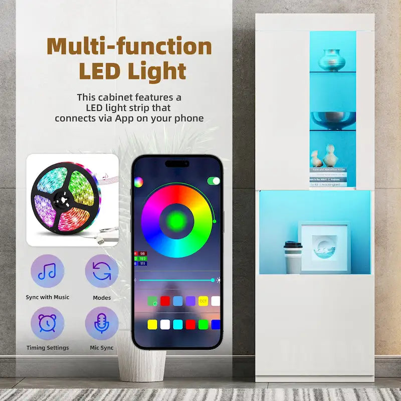 Armoire de rangement laquée avec lumières LED, armoire haute de 170 cm avec porte en acrylique, plan de travail ouvert et étagères en verre trempé