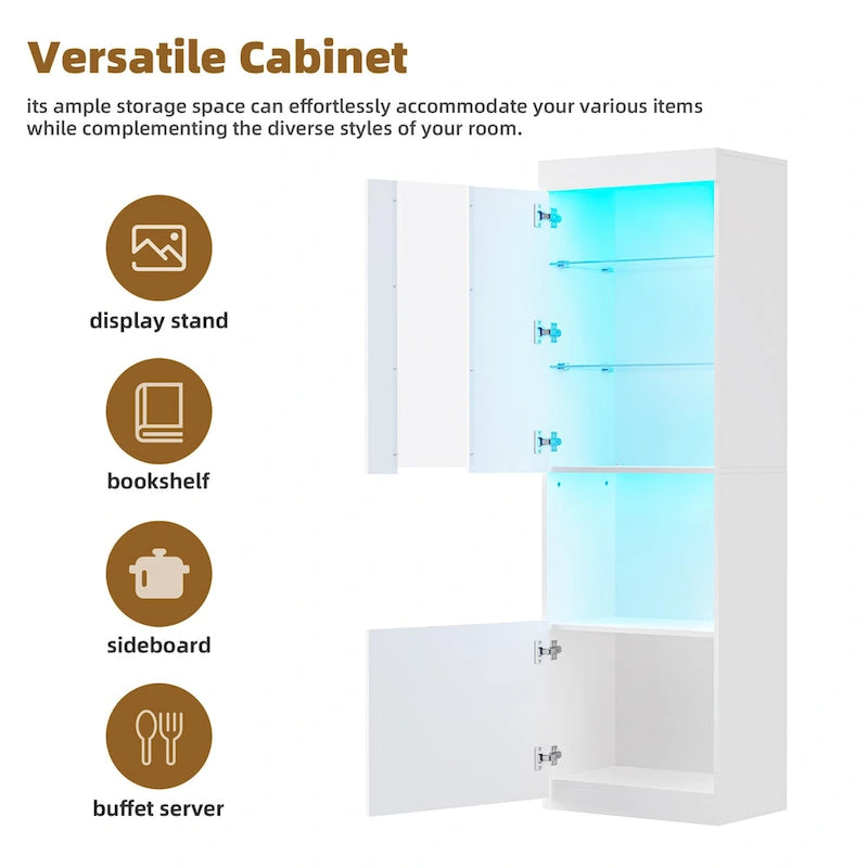 Armoire de rangement laquée avec lumières LED, armoire haute de 170 cm avec porte en acrylique, plan de travail ouvert et étagères en verre trempé