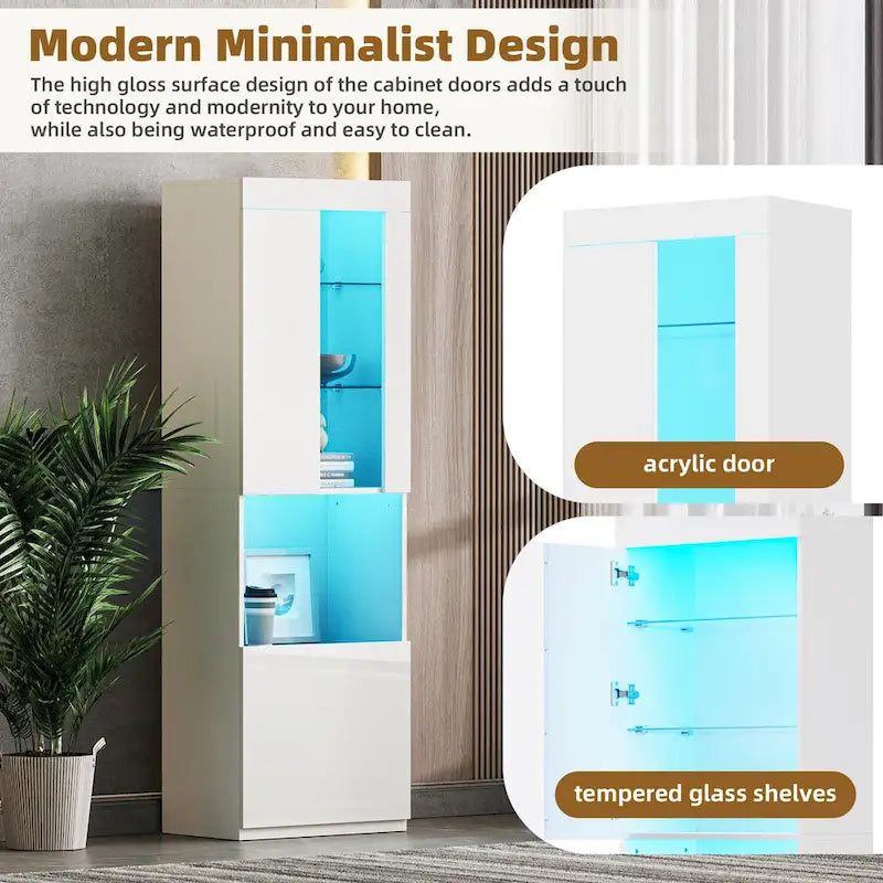 Armoire de rangement laquée avec lumières LED, armoire haute de 170 cm avec porte en acrylique, plan de travail ouvert et étagères en verre trempé