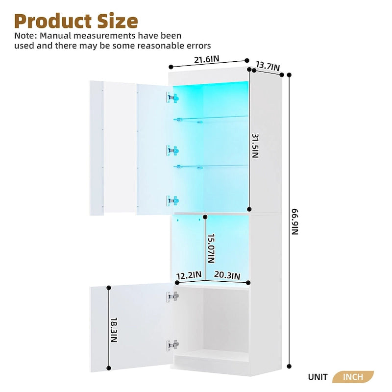 Armoire de rangement laquée avec lumières LED, armoire haute de 170 cm avec porte en acrylique, plan de travail ouvert et étagères en verre trempé