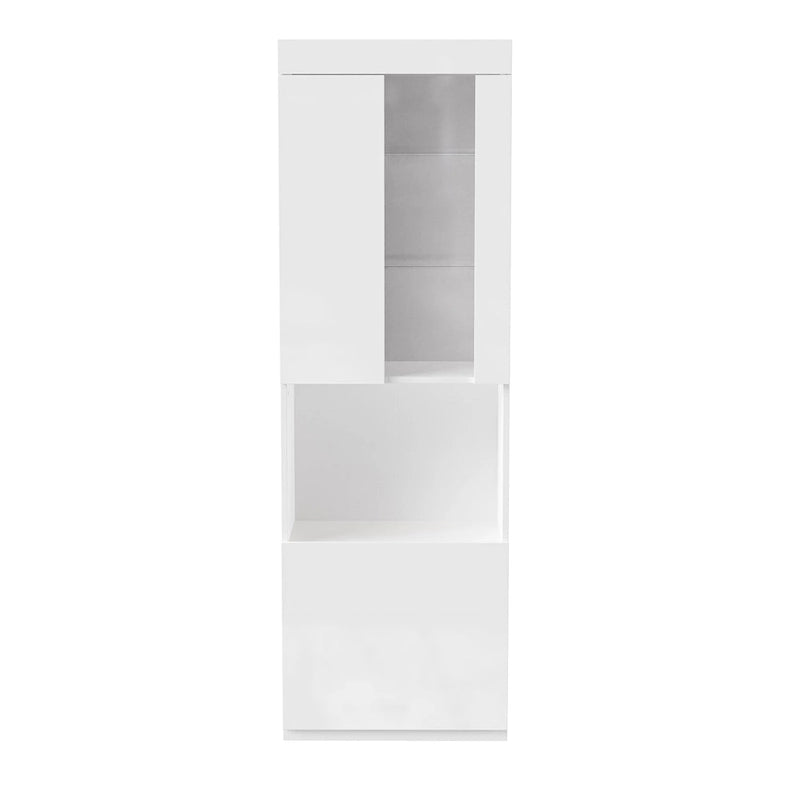 Armoire de rangement laquée avec lumières LED, armoire haute de 170 cm avec porte en acrylique, plan de travail ouvert et étagères en verre trempé