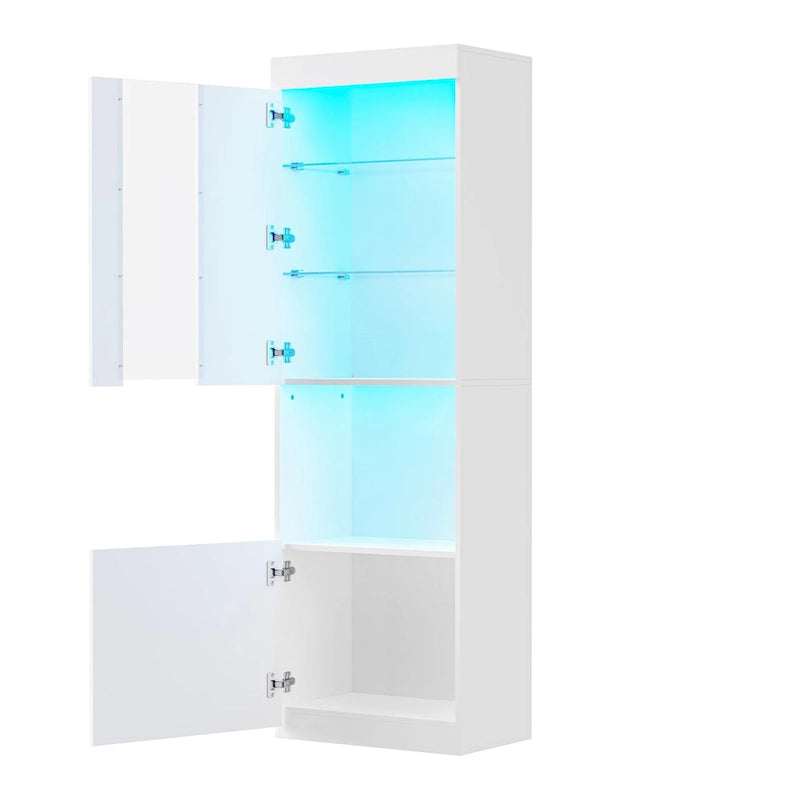Armoire de rangement laquée avec lumières LED, armoire haute de 170 cm avec porte en acrylique, plan de travail ouvert et étagères en verre trempé