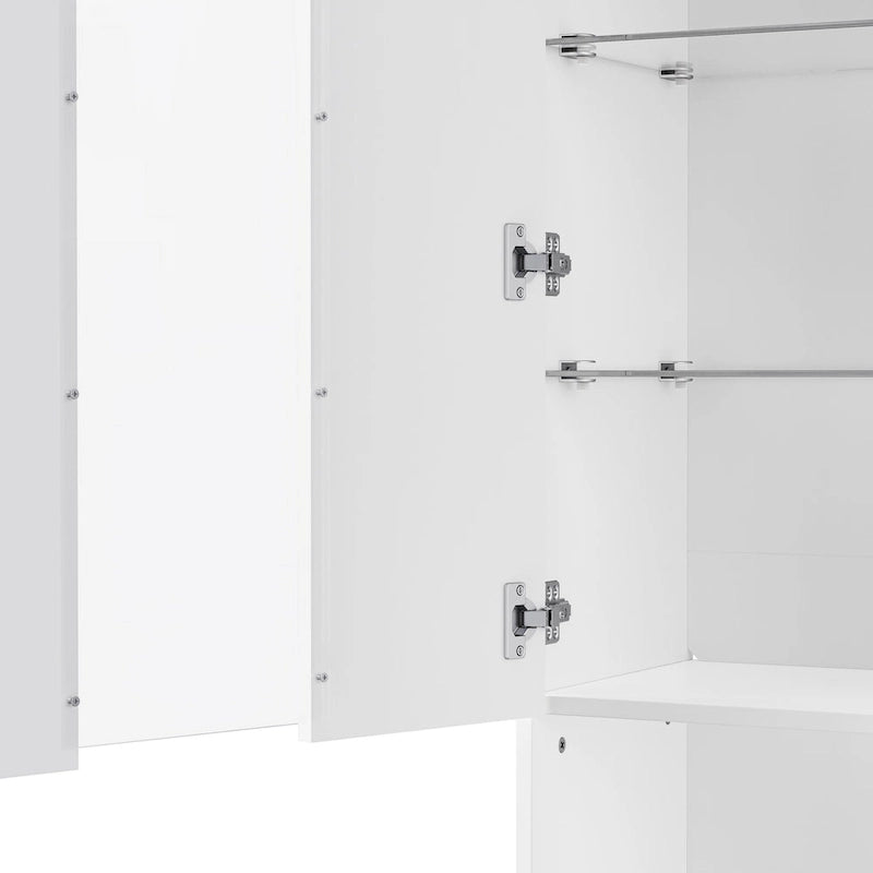 Armoire de rangement laquée avec lumières LED, armoire haute de 170 cm avec porte en acrylique, plan de travail ouvert et étagères en verre trempé