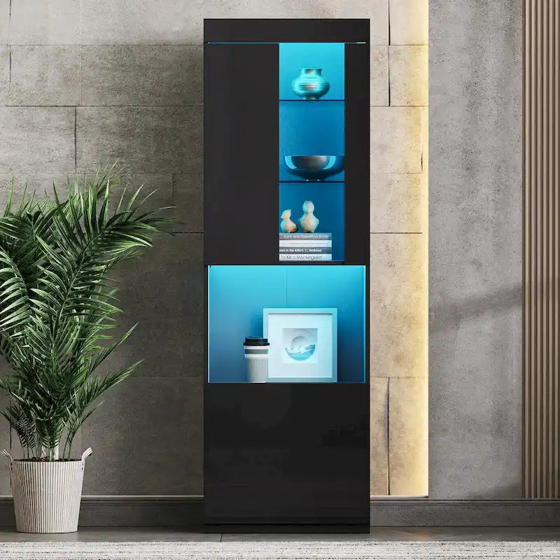 Armoire de rangement laquée avec lumières LED, armoire haute de 170 cm avec porte en acrylique, plan de travail ouvert et étagères en verre trempé