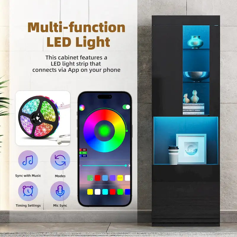 Armoire de rangement laquée avec lumières LED, armoire haute de 170 cm avec porte en acrylique, plan de travail ouvert et étagères en verre trempé