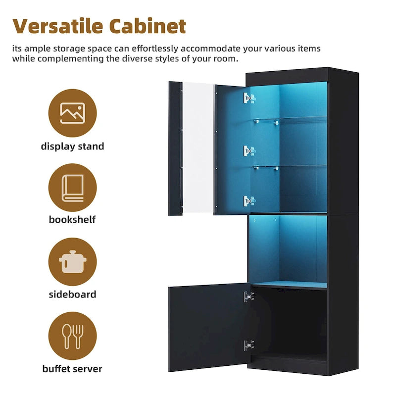 Armoire de rangement laquée avec lumières LED, armoire haute de 170 cm avec porte en acrylique, plan de travail ouvert et étagères en verre trempé