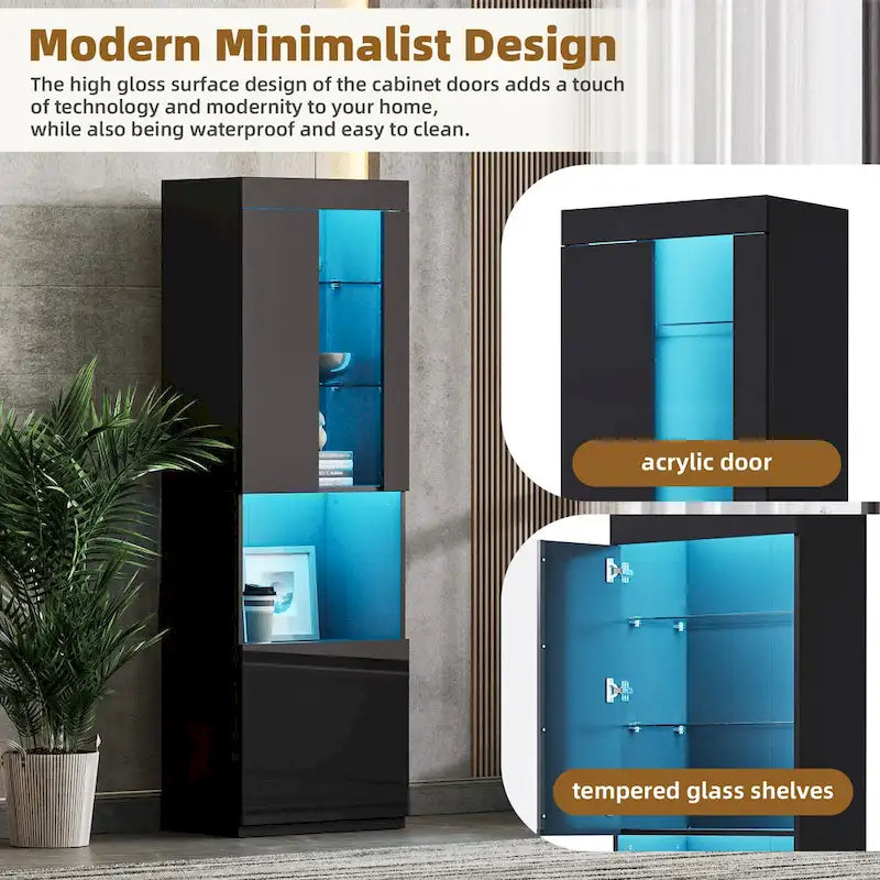 Armoire de rangement laquée avec lumières LED, armoire haute de 170 cm avec porte en acrylique, plan de travail ouvert et étagères en verre trempé