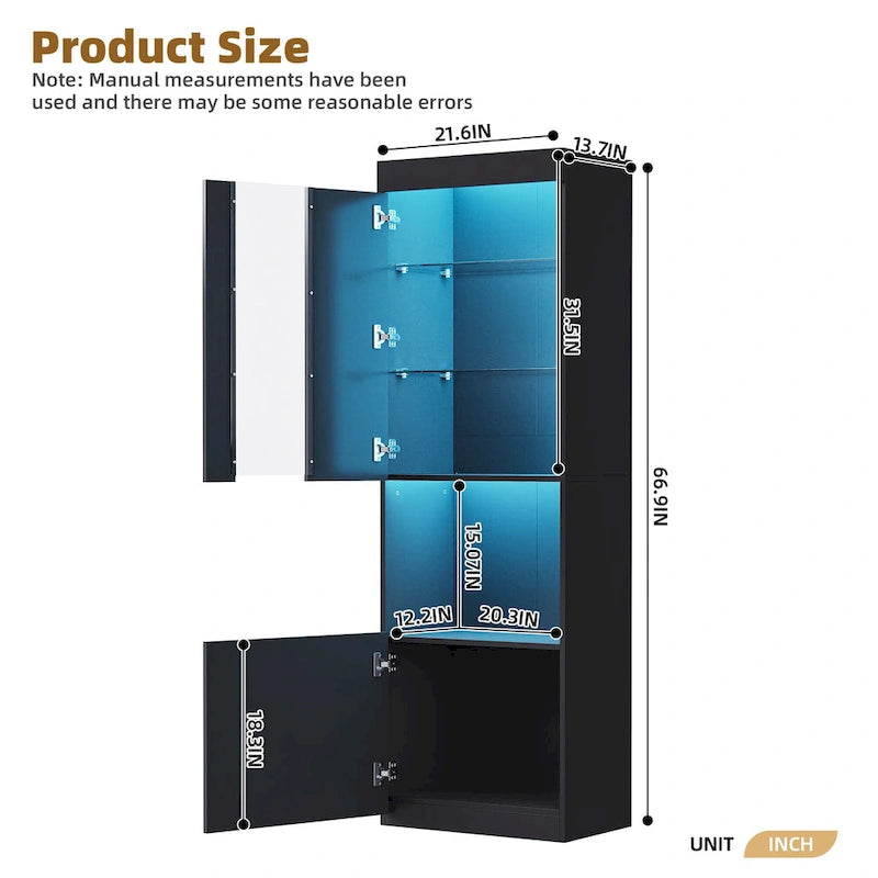 Armoire de rangement laquée avec lumières LED, armoire haute de 170 cm avec porte en acrylique, plan de travail ouvert et étagères en verre trempé