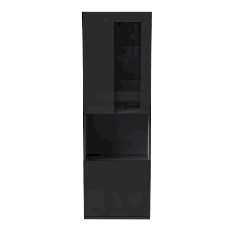 Armoire de rangement laquée avec lumières LED, armoire haute de 170 cm avec porte en acrylique, plan de travail ouvert et étagères en verre trempé