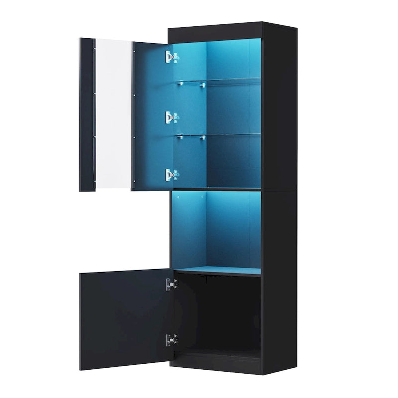 Armoire de rangement laquée avec lumières LED, armoire haute de 170 cm avec porte en acrylique, plan de travail ouvert et étagères en verre trempé