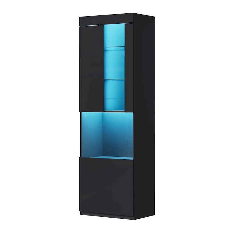 Armoire de rangement laquée avec lumières LED, armoire haute de 170 cm avec porte en acrylique, plan de travail ouvert et étagères en verre trempé