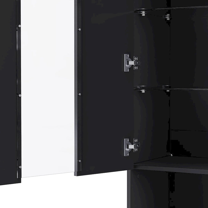 Armoire de rangement laquée avec lumières LED, armoire haute de 170 cm avec porte en acrylique, plan de travail ouvert et étagères en verre trempé