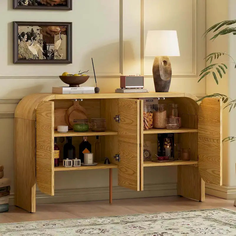 Buffet bahut en bois à 4 portes avec bords incurvés et étagères réglables