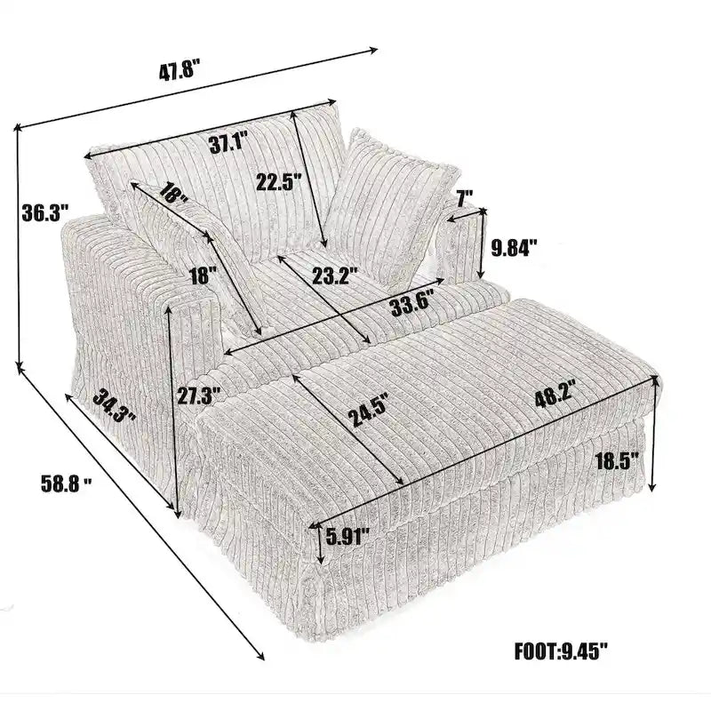 Fauteuil inclinable en velours côtelé surdimensionné, fauteuil à assise profonde, canapé rembourré épais individuel avec oreiller et pouf