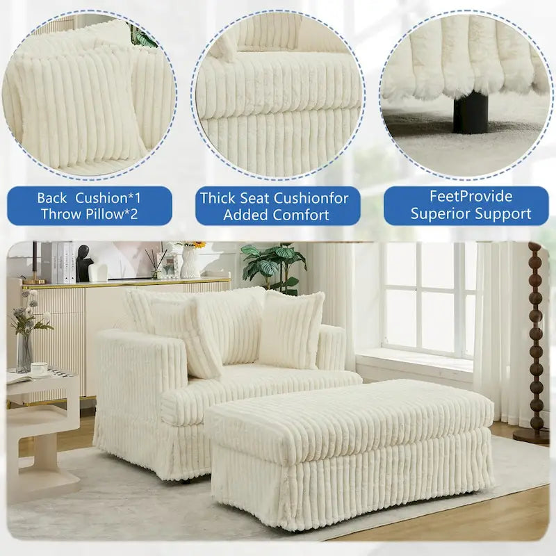 Fauteuil inclinable en velours côtelé surdimensionné, fauteuil à assise profonde, canapé rembourré épais individuel avec oreiller et pouf