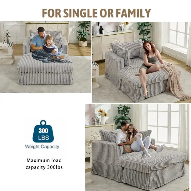Fauteuil inclinable en velours côtelé surdimensionné, fauteuil à assise profonde, canapé rembourré épais individuel avec oreiller et pouf