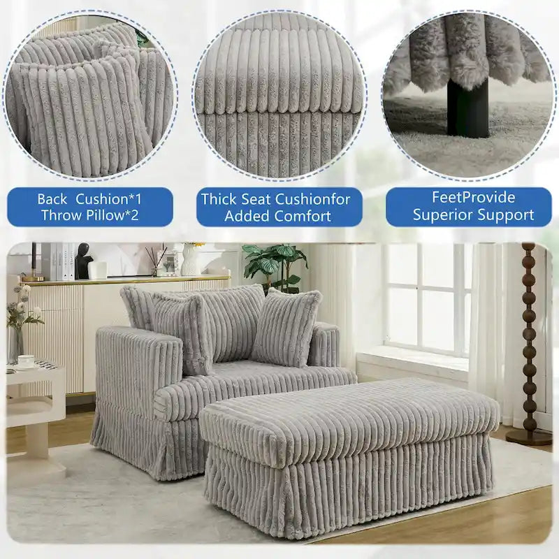 Fauteuil inclinable en velours côtelé surdimensionné, fauteuil à assise profonde, canapé rembourré épais individuel avec oreiller et pouf