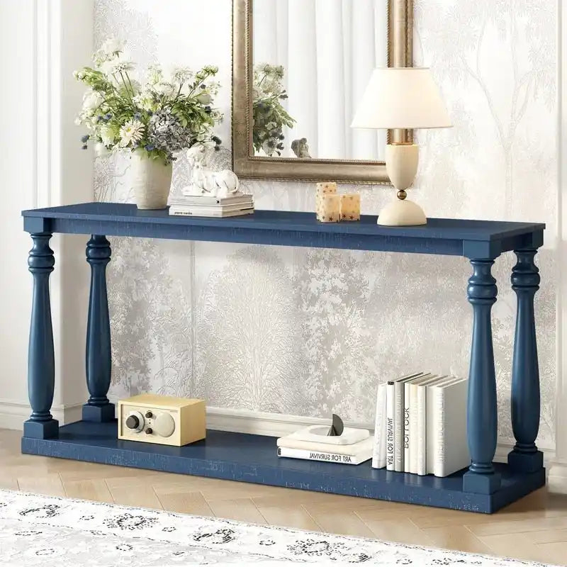 Console longue vintage 63 avec étagère inférieure et pieds en bois massif pour la décoration d'entrée et de couloir