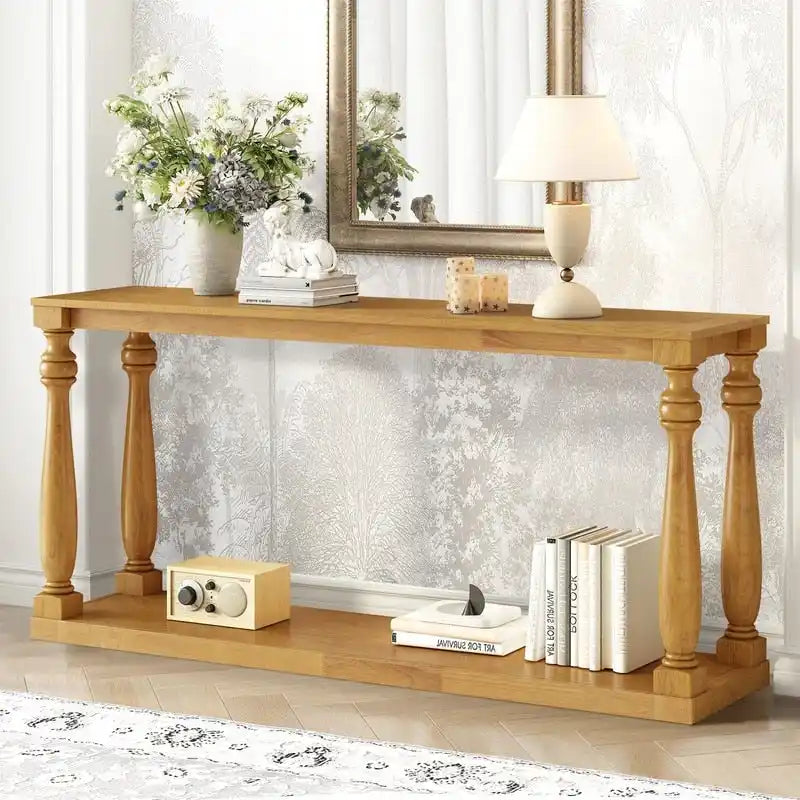 Console longue vintage 63 avec étagère inférieure et pieds en bois massif pour la décoration d'entrée et de couloir