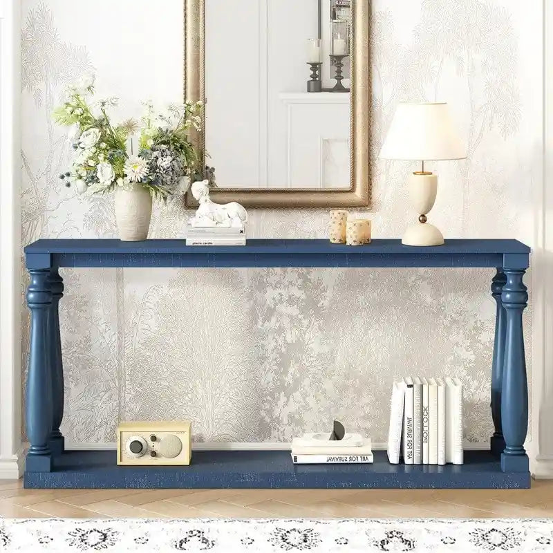 Console longue vintage 63 avec étagère inférieure et pieds en bois massif pour la décoration d'entrée et de couloir
