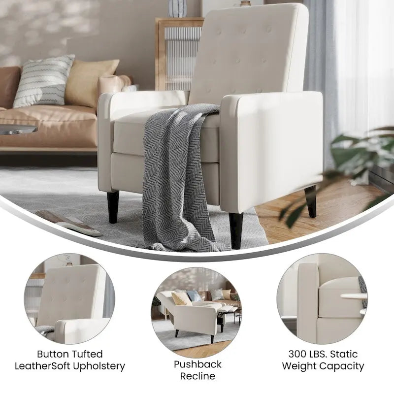 Fauteuil inclinable à dossier capitonné avec mécanisme de poussée