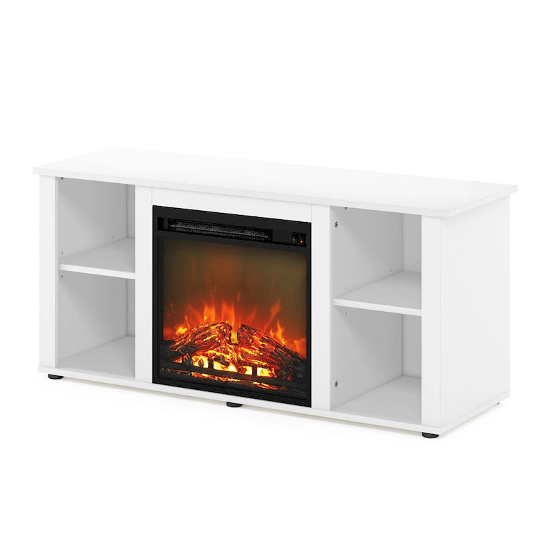 Meuble TV avec cheminée électrique et étagères ouvertes
