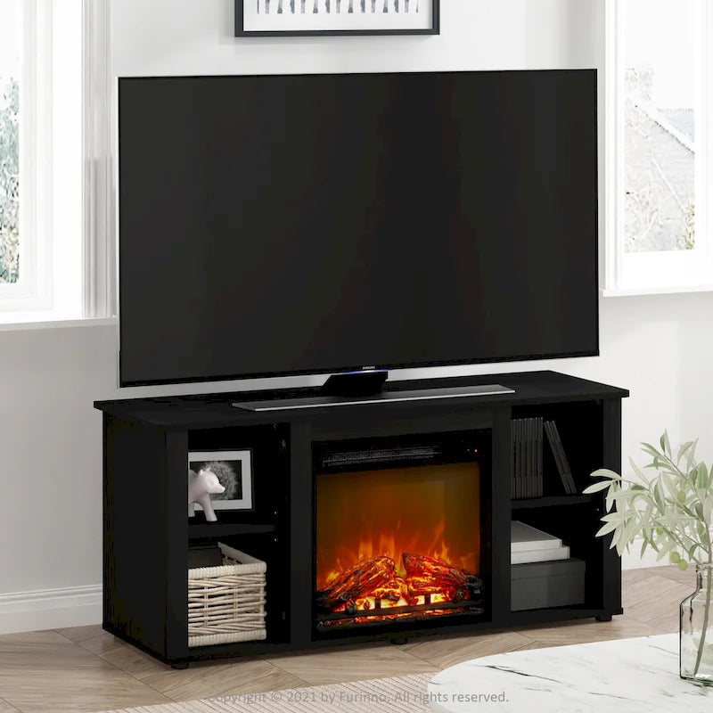 Meuble TV avec cheminée électrique et étagères ouvertes