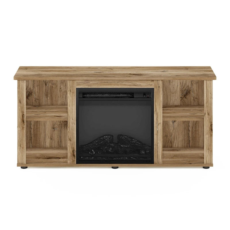 Meuble TV avec cheminée électrique et étagères ouvertes