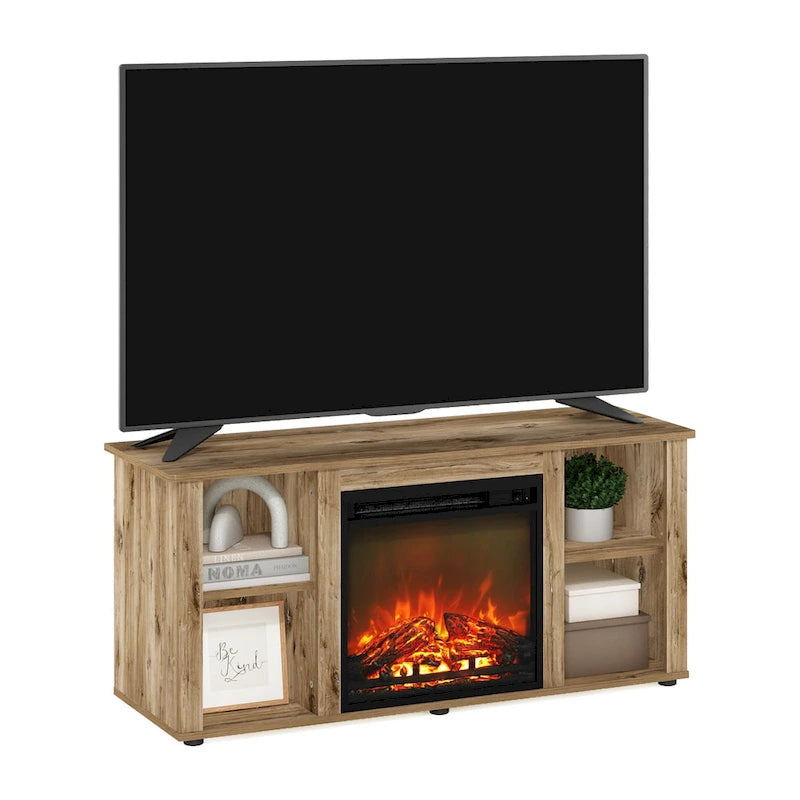 Meuble TV avec cheminée électrique et étagères ouvertes