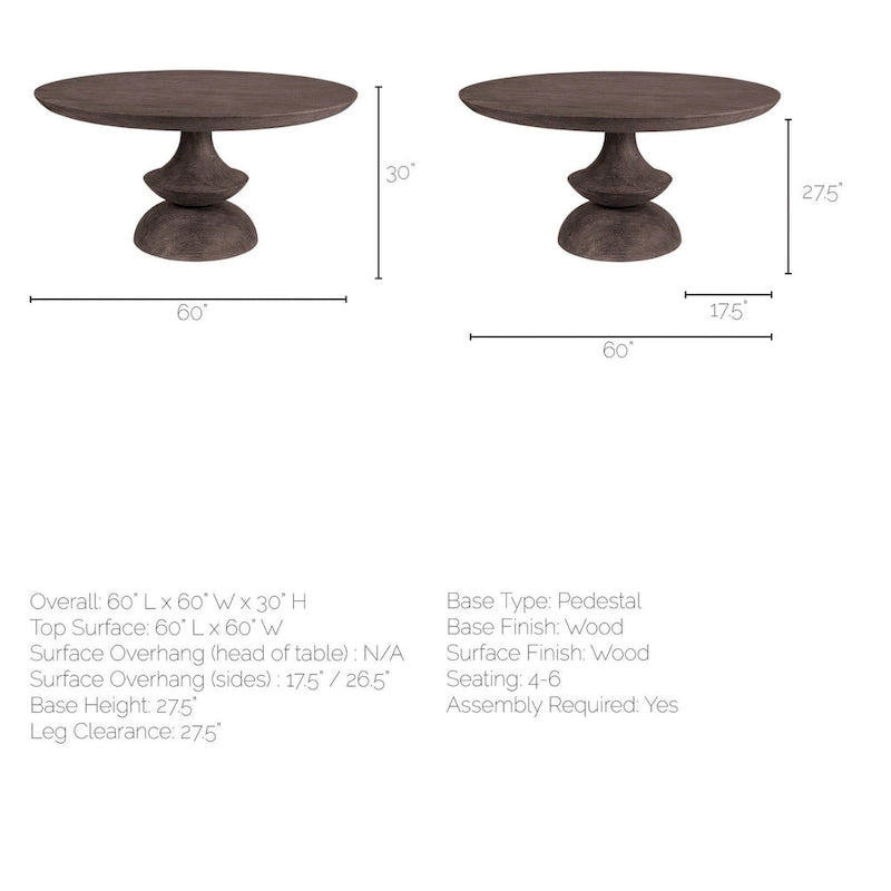 Table à manger ronde en manguier massif gris de 152 cm