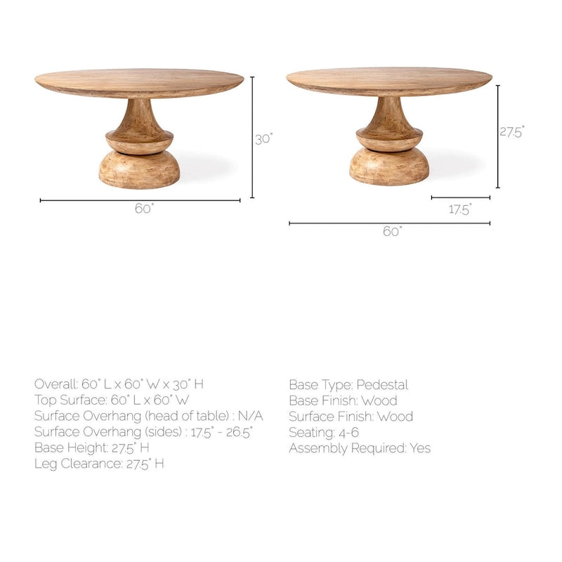 Table à manger ronde en manguier massif gris de 152 cm