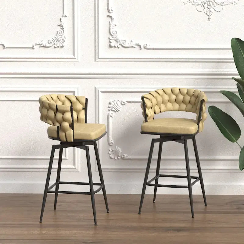 2 Tabourets de bar tissés, pieds noirs non réglables, chaises de bar rembourrées pivotantes à 360°, tabouret de comptoir, fauteuils avec dossier et repose-pieds
