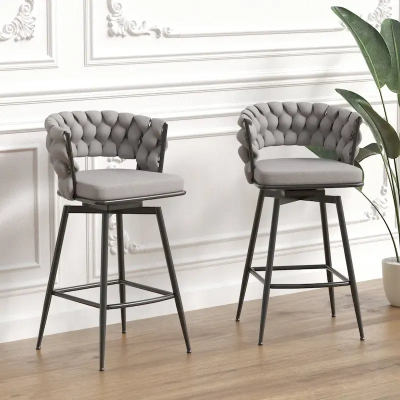 2 Tabourets de bar tissés, pieds noirs non réglables, chaises de bar rembourrées pivotantes à 360°, tabouret de comptoir, fauteuils avec dossier et repose-pieds